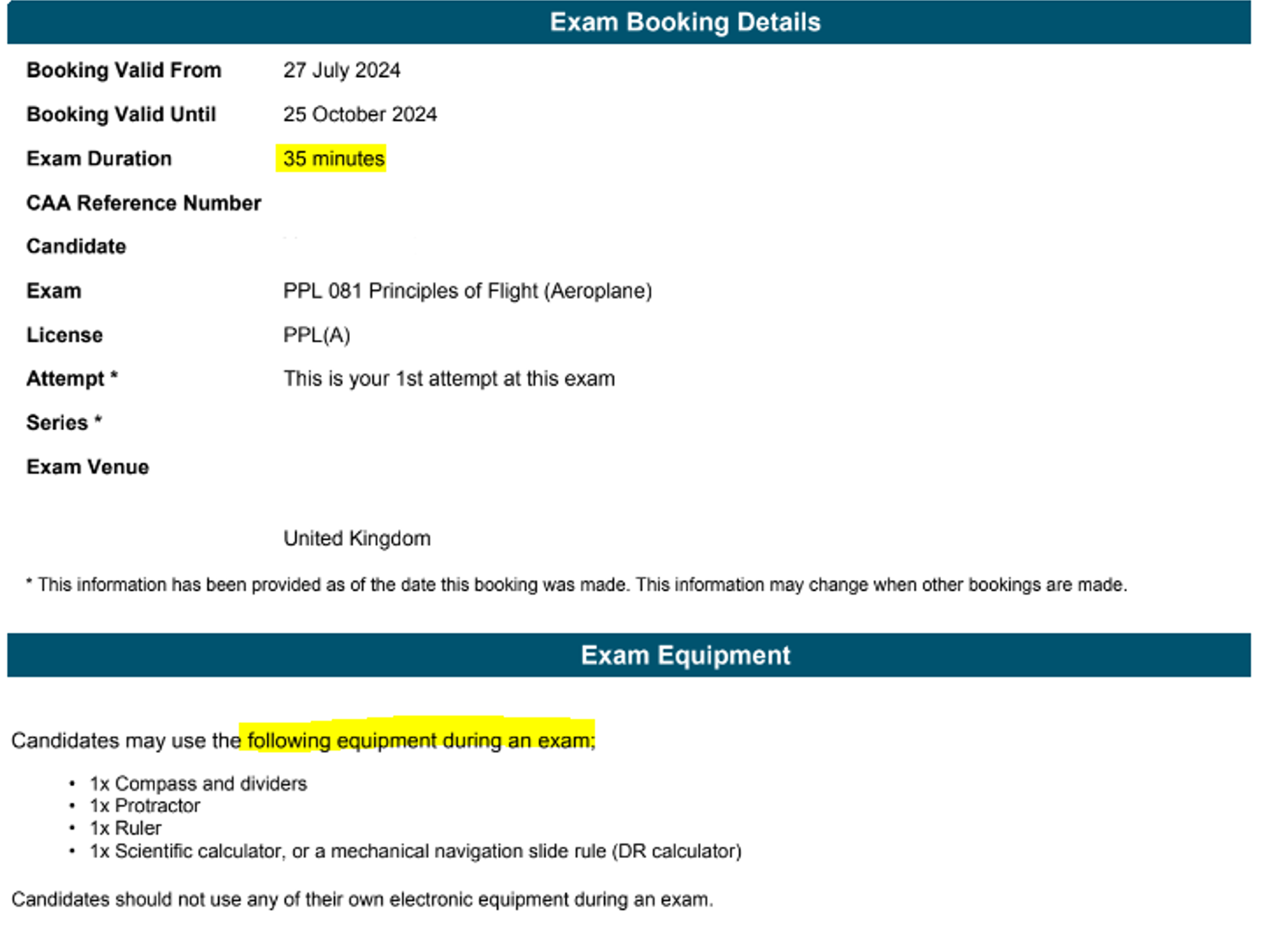 Screenshot of exam booking details